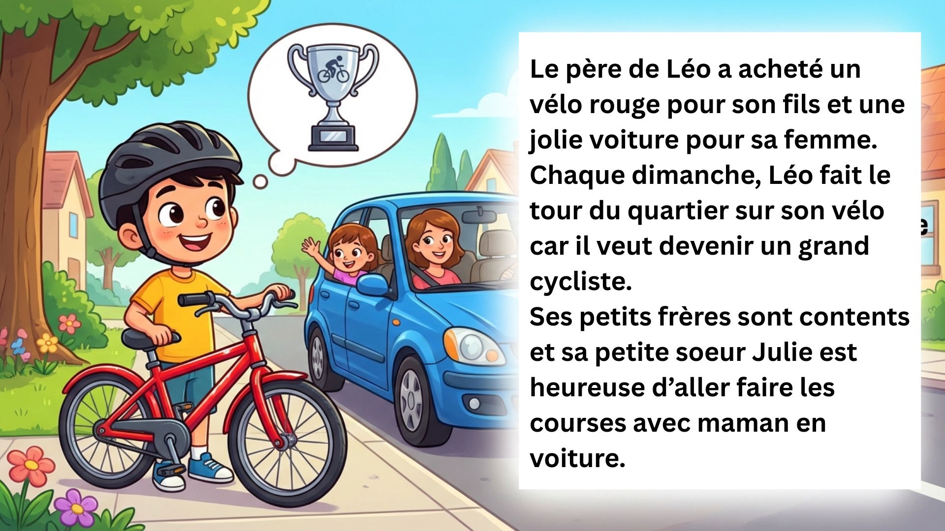 Le père de Léo a acheté un vélo rouge pour son fils et une jolie voiture pour sa femme. Chaque dimanche, Léo fait le tour du quartier sur son vélo car il veut devenir un grand cycliste. Illustration de Léo à vélo, rêvant d'un trophée de cyclisme, et de sa famille en voiture.